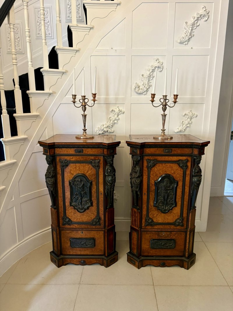 Exhibition Quality Pair of Antique Victorian Amboyna and Carved Ebony Pedestals - Image 17
